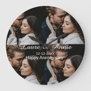 Grande Horloge Ronde Collage photo joyeux anniversaire nom date simple 