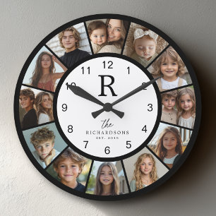 Grande Horloge Ronde Collage photo personnalisé avec monogramme de fami