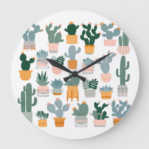 Grande Horloge Ronde Collection Cactus dans Pots Design