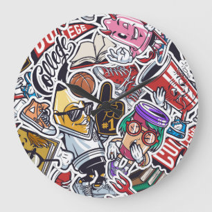 Grande Horloge Ronde College Fun, Colorée Motif Vintage