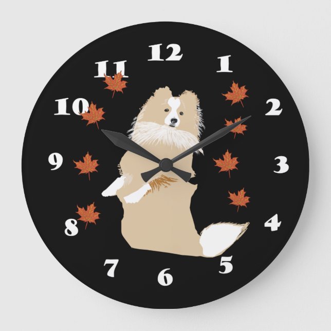 Grande Horloge Ronde Collie Dog, Feuilles d'automne (Recto)