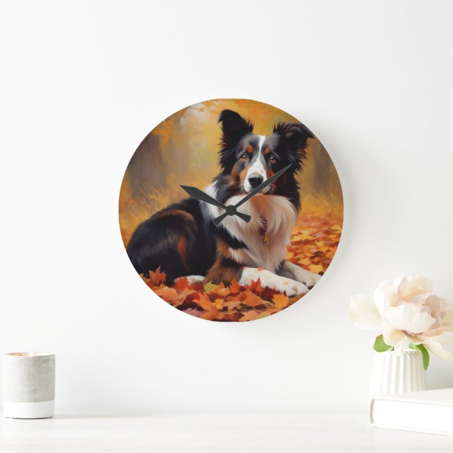 Grande Horloge Ronde Collie frontalier à l'automne Feuilles automne Ins (Maison)