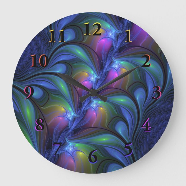 Grande Horloge Ronde Coloré Lumineux Abstrait Bleu rose Vert Fractal (Recto)
