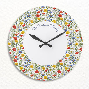 Grande Horloge Ronde Coloré lumineux Fleurs sauvages d'été Floral Round