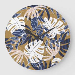 Grande Horloge Ronde Coloré Tropical Feuille Orange Arrière - plan