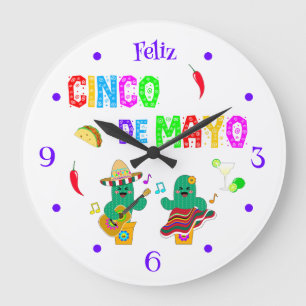 Grande Horloge Ronde Colorful Festive Cinco de Mayo 2025 Dancing Cactus