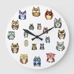 Grande Horloge Ronde Colorful owls