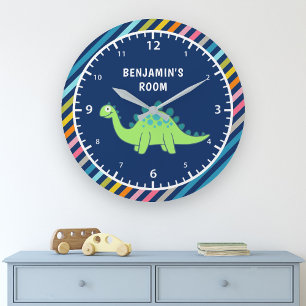Grande Horloge Ronde Colorful Stripes Cute Green Dinosaur