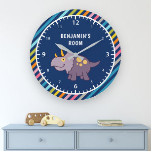 Grande Horloge Ronde Colorful Stripes Cute Purple Dinosaur