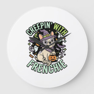 Grande Horloge Ronde Compagnon sinistre de bouledogue français Hallowee