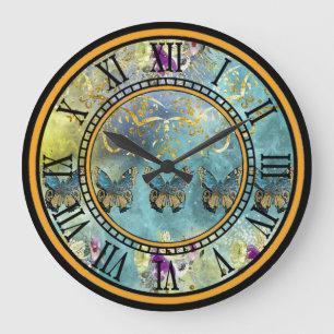 Grande Horloge Ronde Conception abstraite avec papillons et fleurs