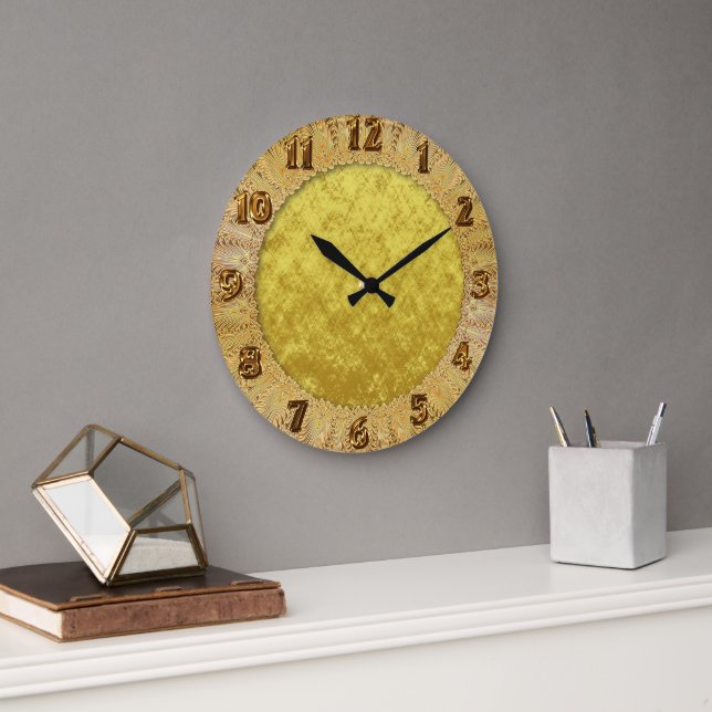 Grande Horloge Ronde Conception abstraite plaquée or et feuille jaune (Bureau)