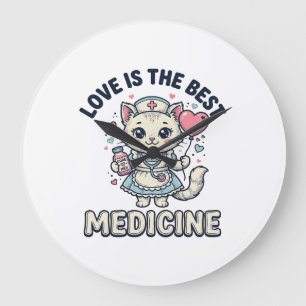 Grande Horloge Ronde Conception d'infirmière mignonne chat l'amour est