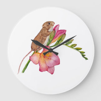 Grande Horloge Ronde Conception florale aquarelle de souris mignonne | 
