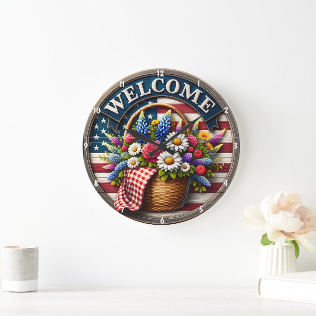 Grande Horloge Ronde Conception patriotique avec fleurs et texte Bienve (Maison)