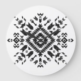 Grande Horloge Ronde Conception tribale : Noir Blanc Dessiné À La Main