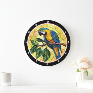 Grande Horloge Ronde Conception vibrante du perroquet Macaw et des Feui