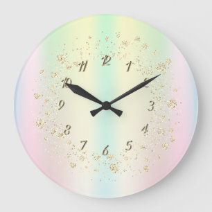 Grande Horloge Ronde Confettis arc-en-ciel holographiques élégants et t