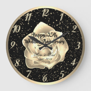 Grande Horloge Ronde Confettis Rose Dorée 25e Anniversaire de Mariage