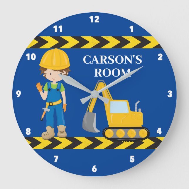 Grande Horloge Ronde Construction Véhicules Garçons Custom Blue Enfants (Recto)