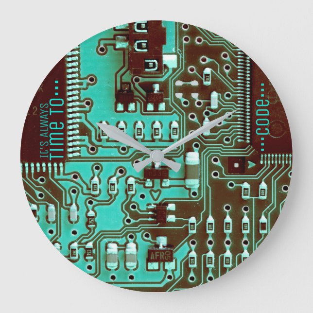 Grande Horloge Ronde Cool bleu turquoise circuit imprimé électronique P (Recto)