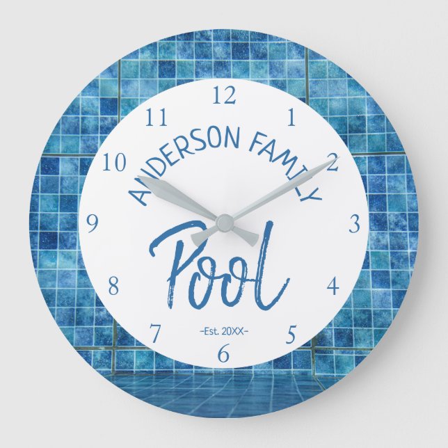Grande Horloge Ronde Cool Blue Tile Swimming Pool Family Name cUSTOM (Recto)