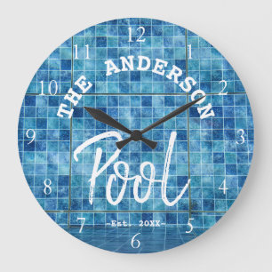 Grande Horloge Ronde Cool Blue Tile Swimming Pool Family Nom Custom La