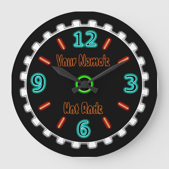 Grande Horloge Ronde Cool de roues Faux Neon (Personnalisé) (Recto)