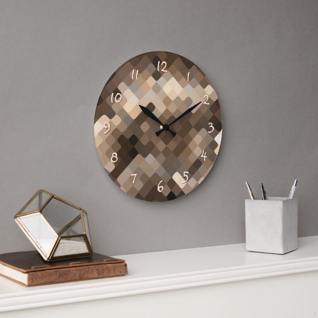Grande Horloge Ronde Cool Funky Taupe Beige Brown Mosaïque Art Motif (Bureau)