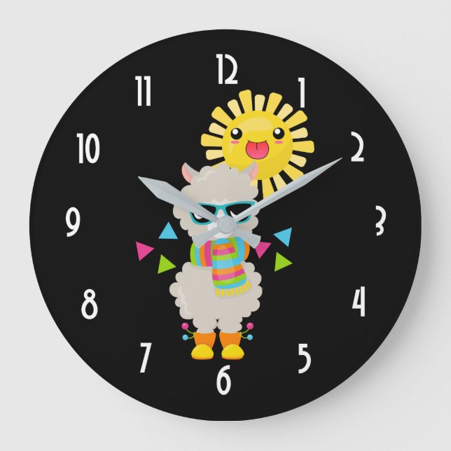Grande Horloge Ronde Cool Llama et souriant Kawaii Sun (Recto)