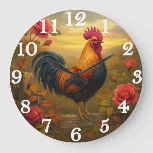 Grande Horloge Ronde Coq vibrant dans un coucher de soleil doré