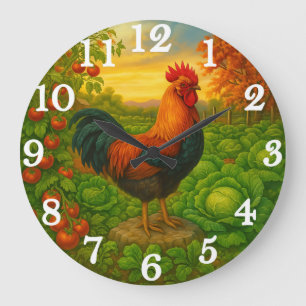 Grande Horloge Ronde Coq vibrant dans un jardin potager