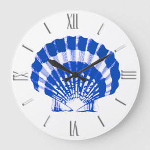 Grande Horloge Ronde Coquillage - bleu cobalt et blanc