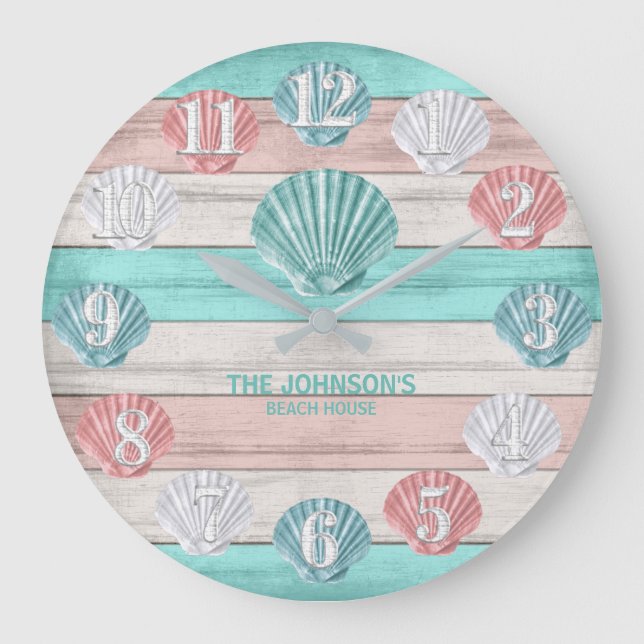 Grande Horloge Ronde Coquillage coloré et bois de plage Nautique  (Recto)