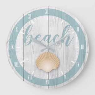 Grande Horloge Ronde Coquillage d'impression et bleu en bois blancs