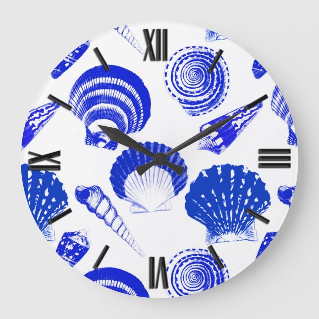 Grande Horloge Ronde Coquillages - bleu cobalt sur un arrière - plan bl (Recto)