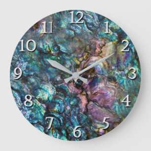 Grande Horloge Ronde Coquille de mer Abalone iridescente arc-en-ciel
