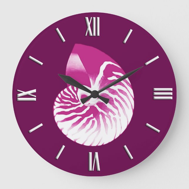 Grande Horloge Ronde Coquille de Nautilus - aubergine violet et blanc (Recto)
