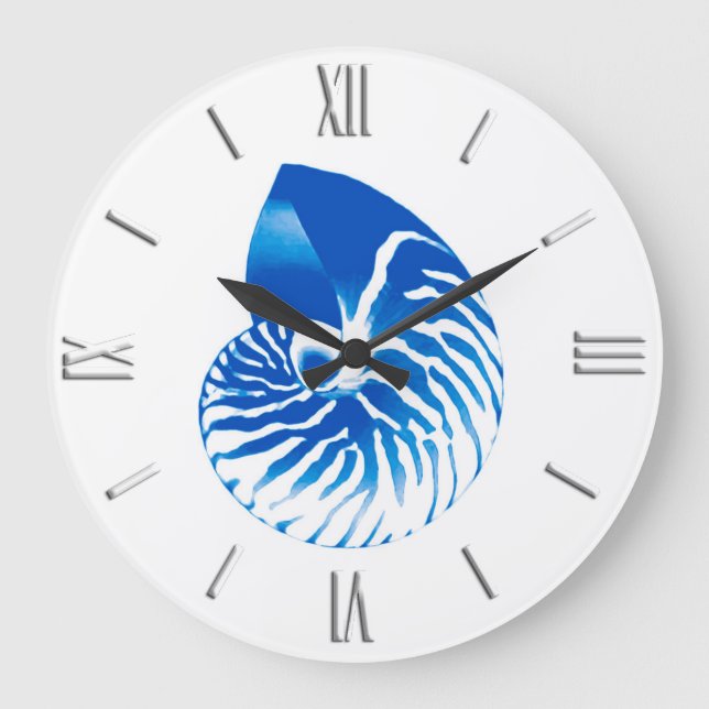 Grande Horloge Ronde Coquille de Nautilus - bleu cobalt et blanc (Recto)