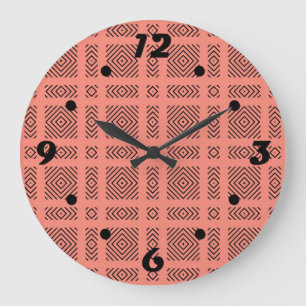 Grande Horloge Ronde Corail avec motif géométrique noir