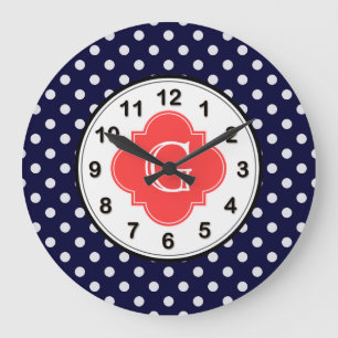 Grande Horloge Ronde Corail Blanc Navy pois Quatrefoil Monogram