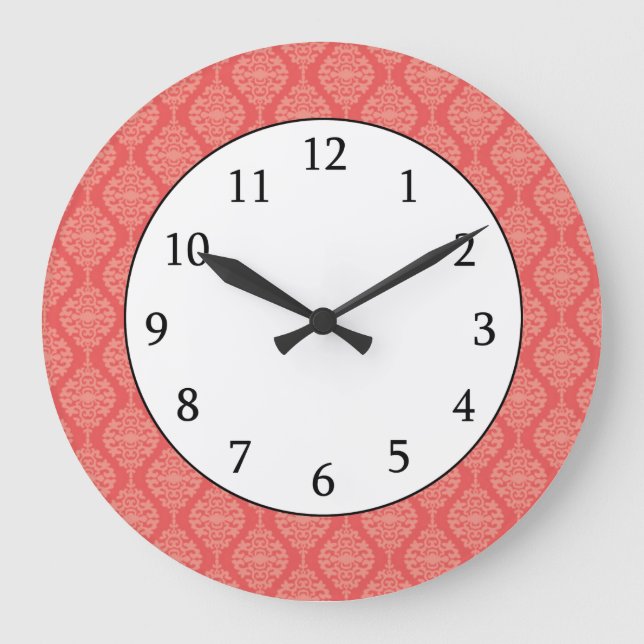 Grande Horloge Ronde Corail Élégant Et Damas Blanc (Recto)