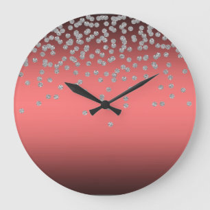 Grande Horloge Ronde Corail Rouge Adorable Brillant Paillettes Confetti