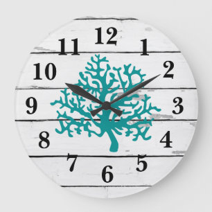 Grande Horloge Ronde Coral Reef Turquoise Beach Décor Rustc Shiplap