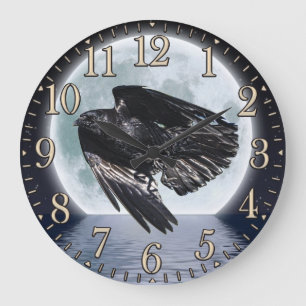 Grande Horloge Ronde Corbeau et Pleine lune noirs volants