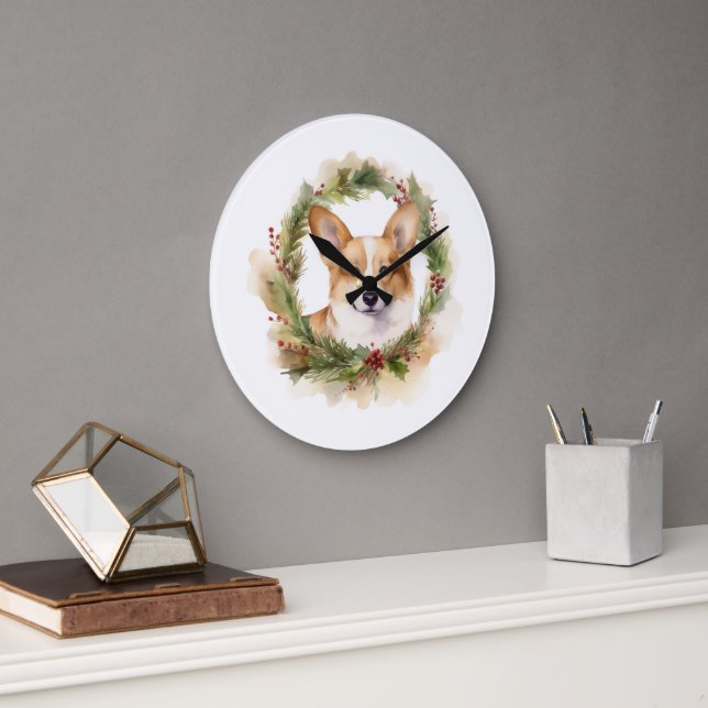 Grande Horloge Ronde Corgi Christmas Wreath Festive Pup (Bureau)