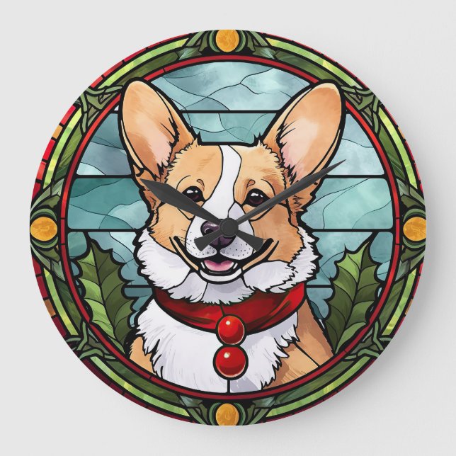 Grande Horloge Ronde Corgi vitrail de Noël (Recto)