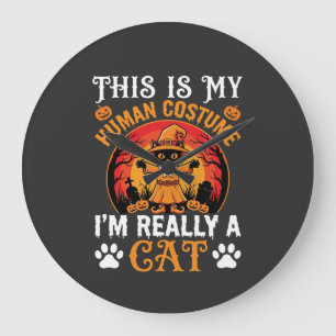 Grande Horloge Ronde Costume Humain Chat Halloween Graphique Vintage