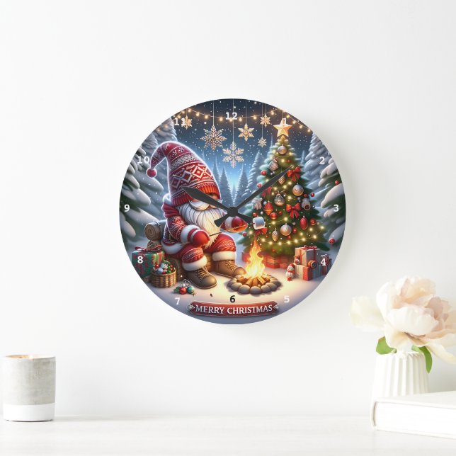 Grande Horloge Ronde Cosy Campfire Gnome" - Mur de Noël Festif (Maison)