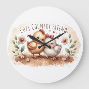 Grande Horloge Ronde Cottagecore Aquarelle Duo de Poules Caprices